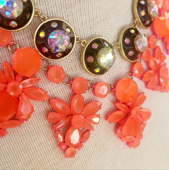 J. Crew Orange and Pinky-Orange Neon Crystal Statement Necklace and Earrings Set - Picture 6 of 10